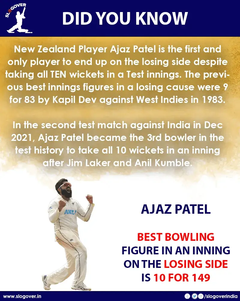 Ajaz Patel is the first and only player to end up on the losing side despite taking all ten wickets in a Test innings, 10/119