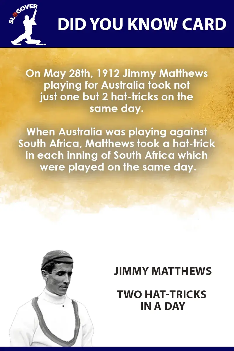 Jimmy Matthews, Two Hat-Tricks In A Day, only such incident in test cricket history