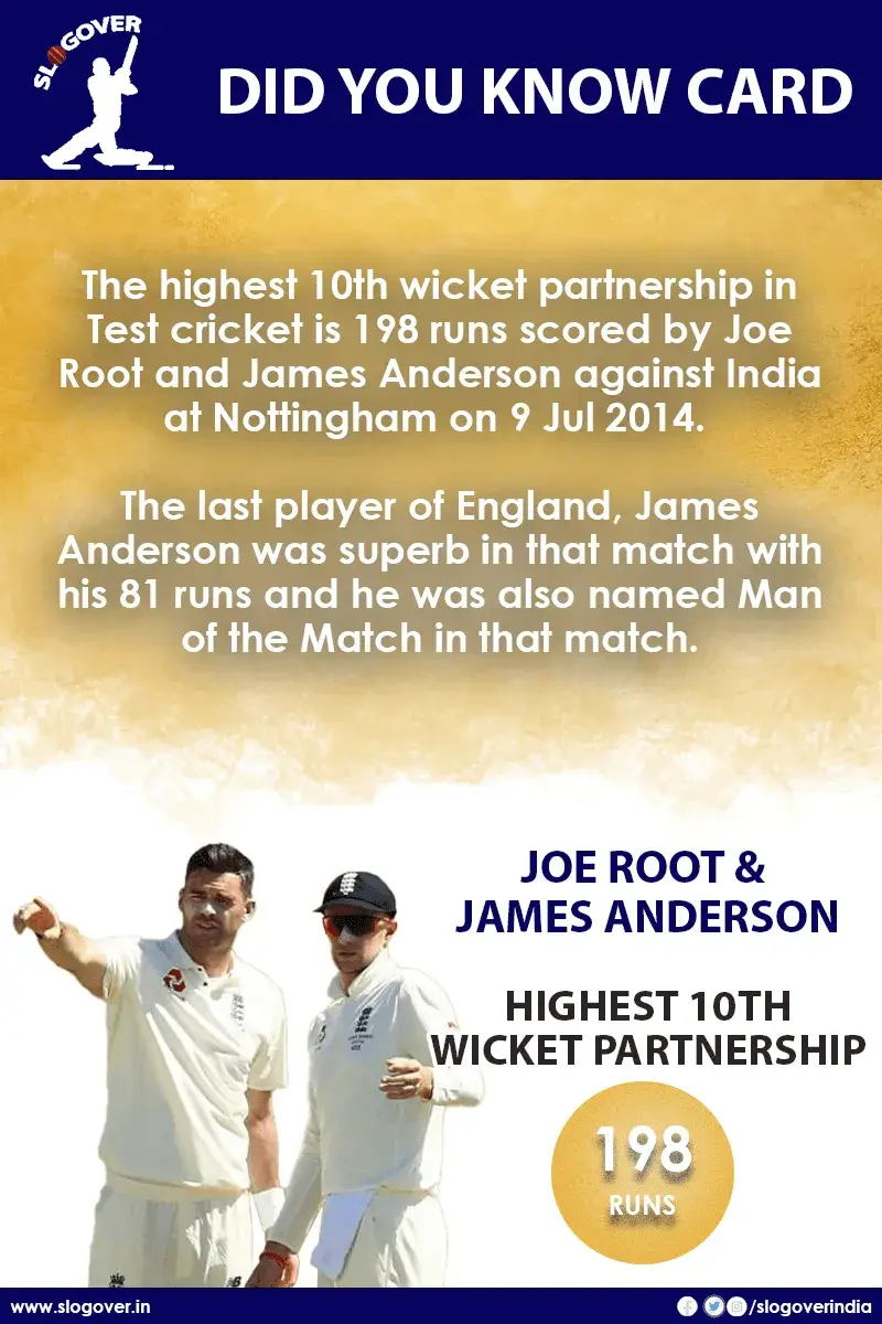 Joe Root and James Anderson records the Highest 10th wicket partnership, 198 runs