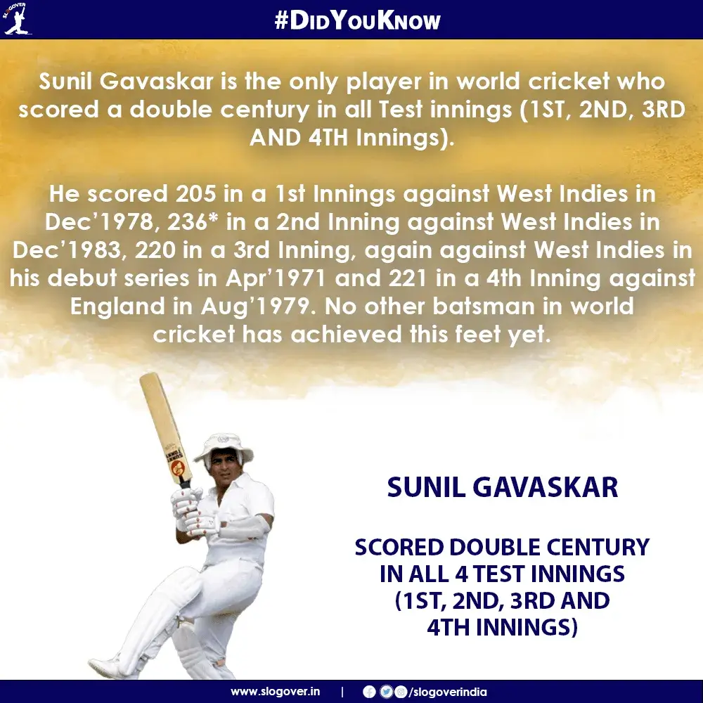 Sunil Gavaskar is the only player in world cricket who scored a double century in all Test innings (1st, 2nd, 3rd and 4th Innings)