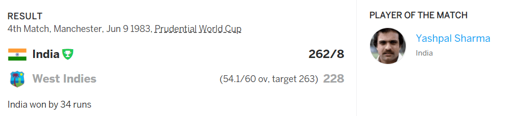 INDIA’S 1ST MATCH : INDIA VS WEST INDIES (JUNE-9-10, 1983)