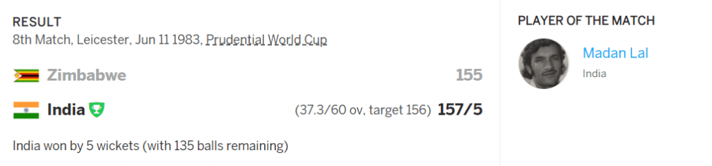 INDIA’S 2ND MATCH : INDIA VS ZIMBABWE (JUNE 11, 1983)