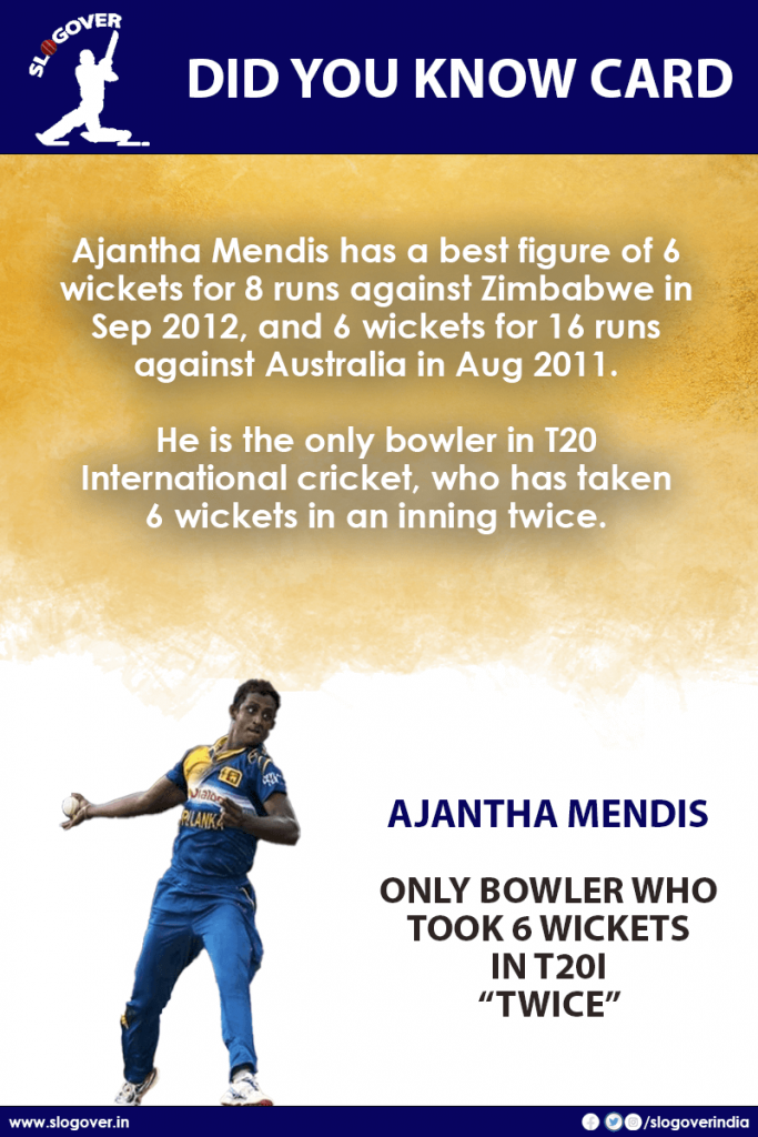 Ajantha Mendis is the only bowler in T20 International cricket, who has taken 6 wickets in an inning TWICE.