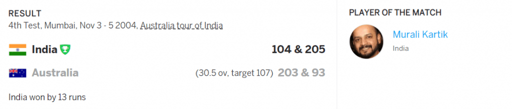 Lowest Total Defended by India in Test Cricket is 107 against Australia-score