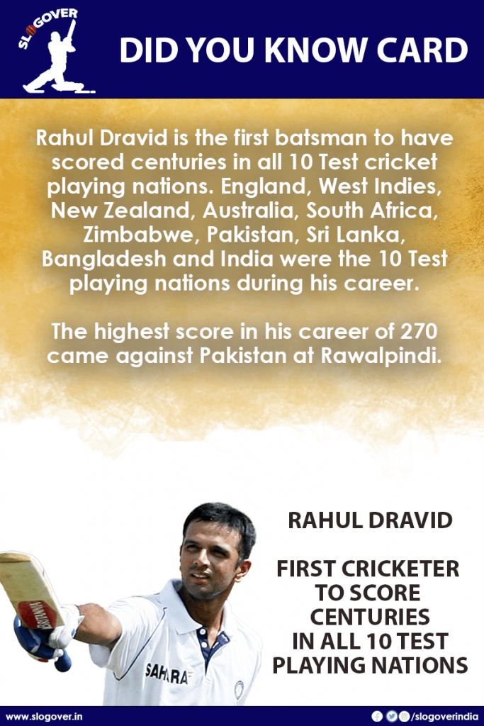 Rahul Dravid is the first cricketer to score centuries IN all 10 Test playing nations