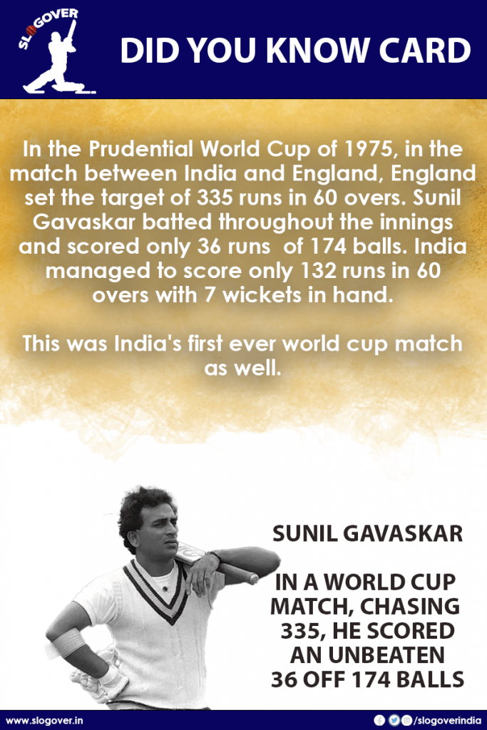 In a World Cup Match, chasing 335, Sunil Gavaskar scored an unbeaten 36 off 174 balls