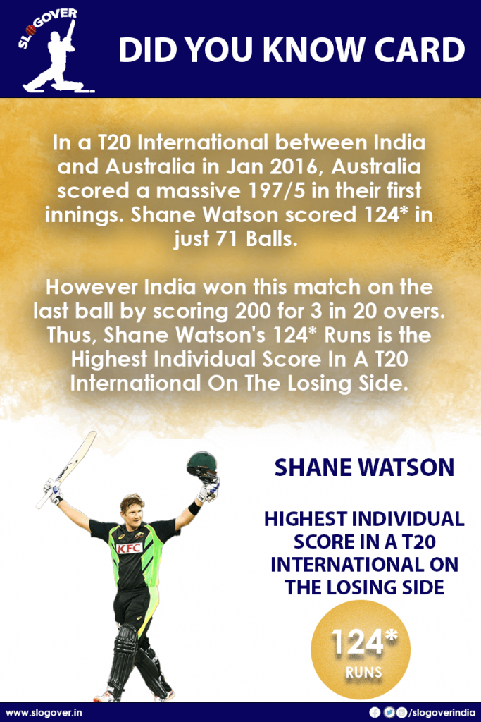 Shane Watson's 124* Runs is the Highest Individual Score In A T20 International On The Losing Side