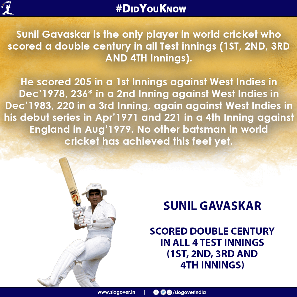 Sunil Gavaskar is the only player in world cricket who scored a double century in all Test innings (1ST, 2ND, 3RD AND 4TH Innings)