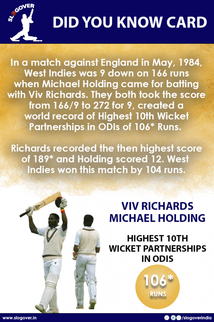 Viv Richards and Michael Holding hold the record of Highest 10th Wicket Partnerships in ODIs, 106* Runs