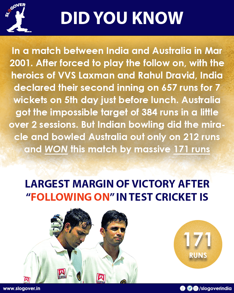 Largest margin of victory after following on in test cricket is 171 runs