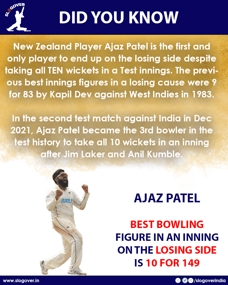 Ajaz Patel first and only player to end up on the losing side despite taking all 10 wickets