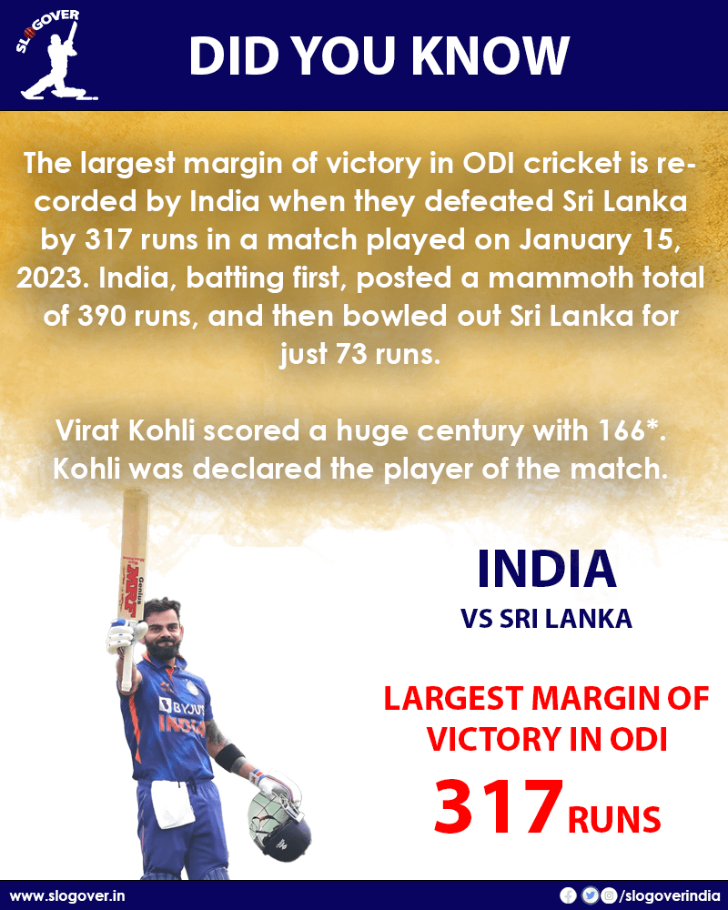 largest margin of victory india vs sri lanka Largest margin of victory in ODI History is 317 runs.